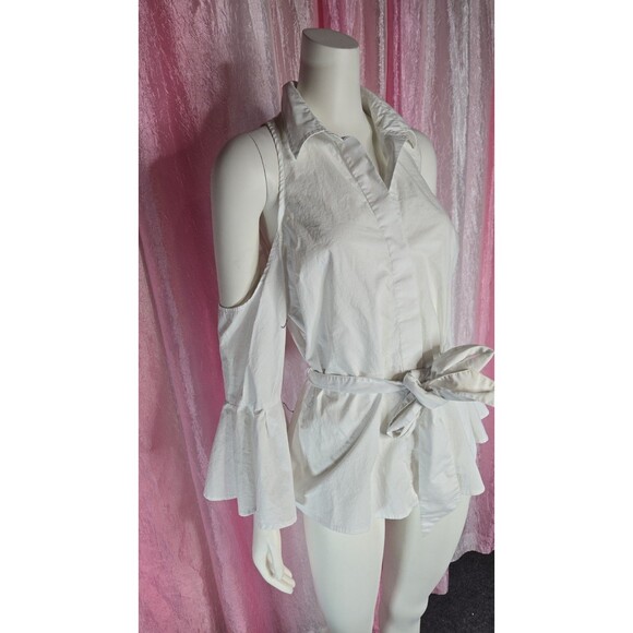 Boston Proper White Crisp Cold Shoulder Flare Sleeve Cotton Blouse Size 12 - Picture 3 of 12